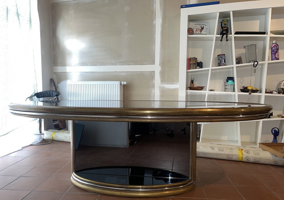 Image 1 of Exclusieve vintage eettafel - gerookt glas en messing, jaren 1970