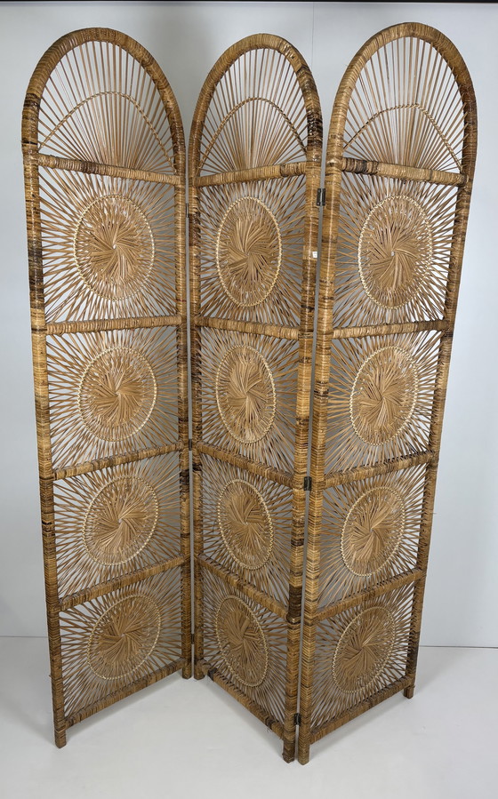Image 1 of Vintage Sunburst rattan bamboo large folding screen room divider