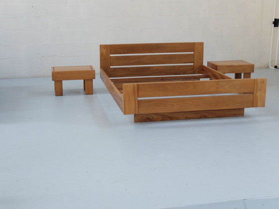 Image 1 of Bed frame and bedside tables, set of 3, solid elm wood, Regain France certified edition, year 1980