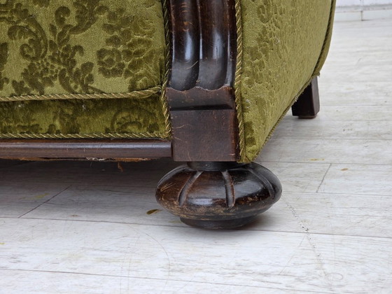 Image 1 of 1960s, Danish 3-seater sofa, furniture velour, carved oak wood.