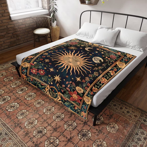 Celestial Sun and Moon Blanket | Whimsical Starry Night Floral Tapestry, Cosmic Decor