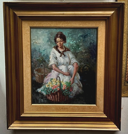 Retrato de una niña con flores, de Alfredo Mompo Roca. – schilderijen tekeningen, Canvas (photo 2 of 8)