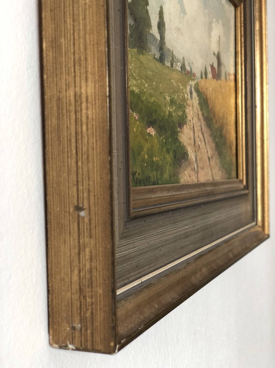 Image 1 of Peinture à l'huile originale vintage représentant un paysage de cottage : œuvre d'art encadrée