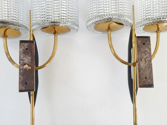 Image 1 of PAIR OF VINTAGE 1950S WALL LIGHTS MAISON ARLUS DLG FELIX AGOSTINI BRASS STEEL GLASS