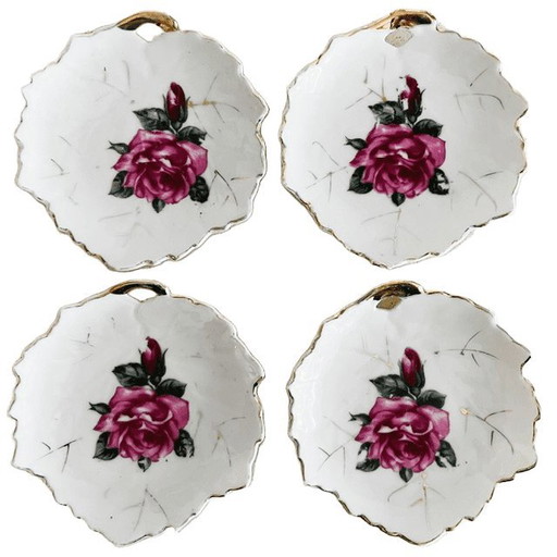 Vintage set petit four bordjes porselein roze rozen decoratie 1960's