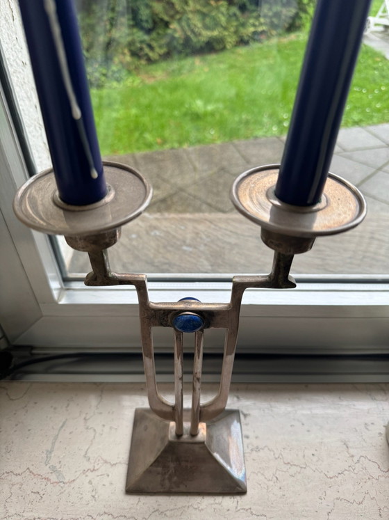 Pair of Art Deco Style Candle holders by Gunther Lambert, Silver-plated with Lapis Lazuli (Set of 2) (photo 4 of 7)