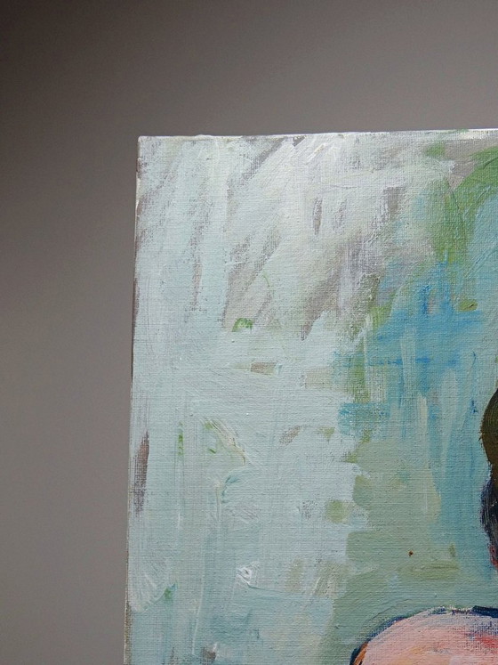 Image 1 of Vintage seated nude portrait painting, modern oil on canvas board