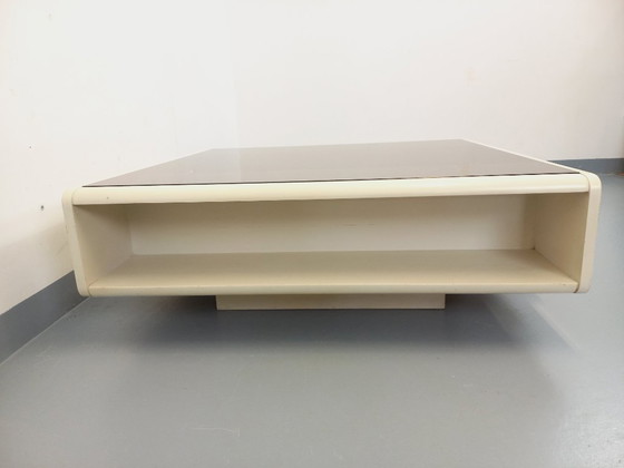 Image 1 of Vintage square coffee table in Space Age style, made of white wood and smoked glass, from the 1970s