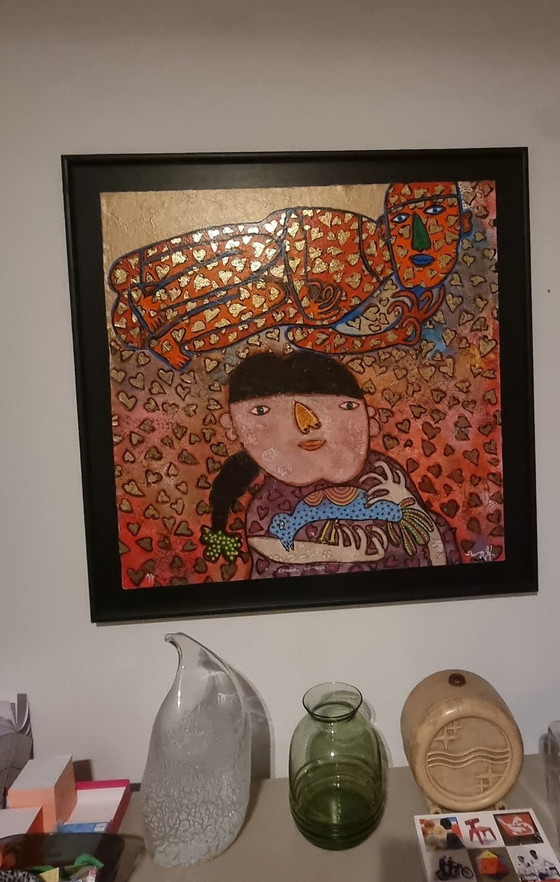 Image 1 of Œuvre de Shahid Parvez, « Douche d'amour », 85 × 85 cm, encadrée