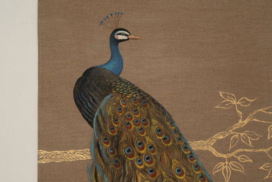 Image 1 of Canvas painted with a peacock on a branch. Contemporary work.