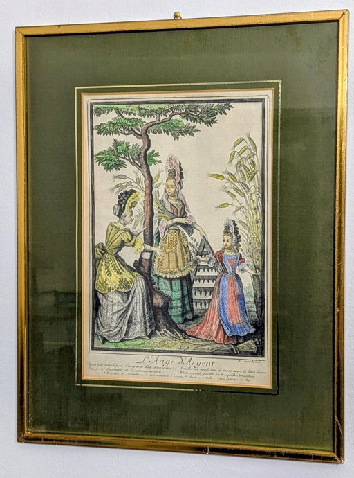 19th century. Antique colored copper engraving L’Âge d’Argent – ​​framed – schilderijen tekeningen, Paper