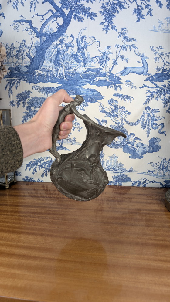 Image 1 of Art Nouveau pewter pitcher with woman and putti design signed Henri Huppé late 19th century