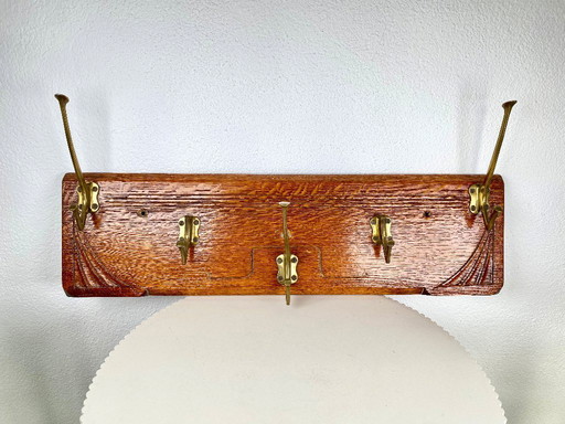 Antique Art Nouveau Coat Rack – Jugendstil Wooden Wall Hanger with Brass Hooks – Early 20th Century Hallway Storage