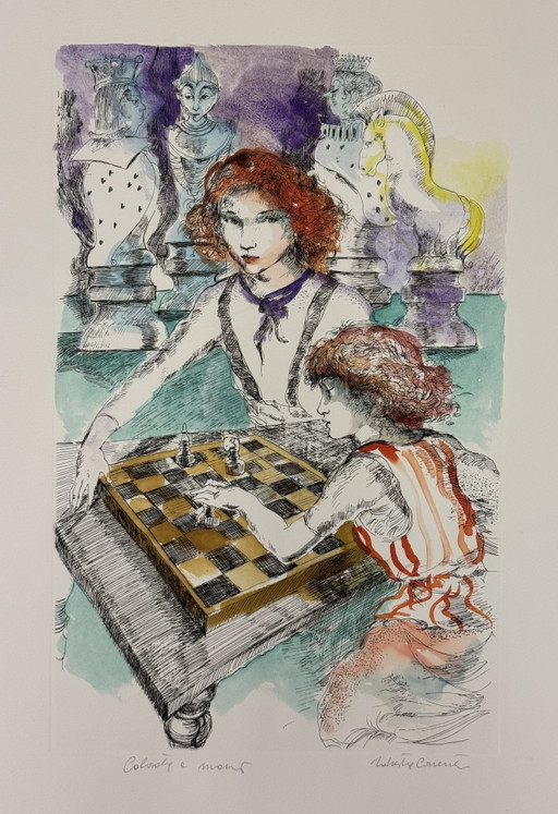 Gravure de Roberta Correnti, 50 x 70 cm, jeu d'échecs, figuratif