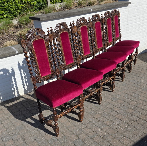 Splendido set di 6 sedie antiche neorinascimentali (stile Mechelen) - Ricche intagliature e velluto