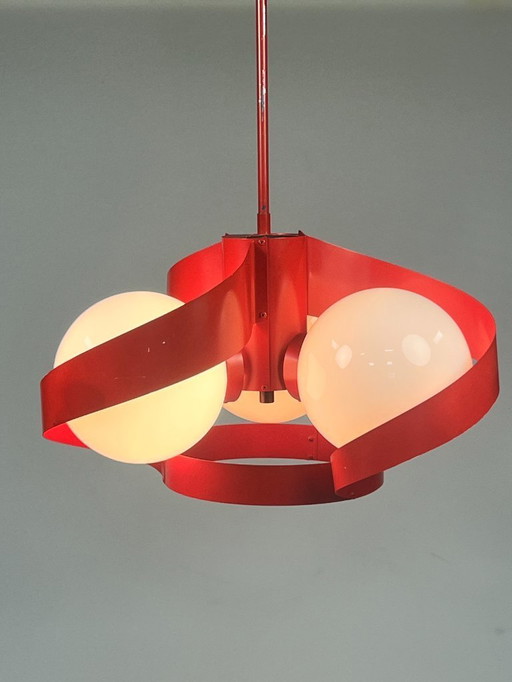 Vintage Red Metal Pendant Lamp/Chandelier, Space Age, Belgium 1970's