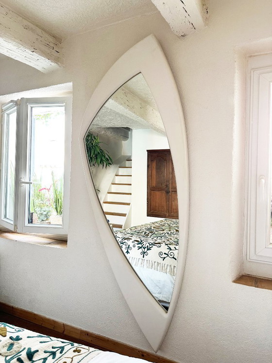 Image 1 of Very large unstructured Space Age wall mirror in wood. France, 1970s