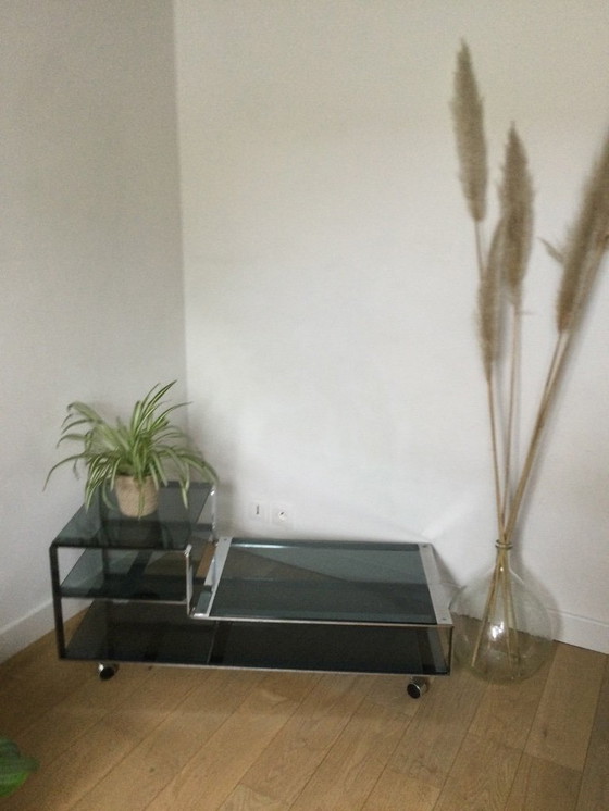 Image 1 of Salontafel / Laag kastje, Italiaans design in gerookt glas en staal