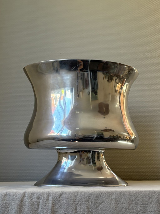 Vintage silver-colored metal oval postmodern vase