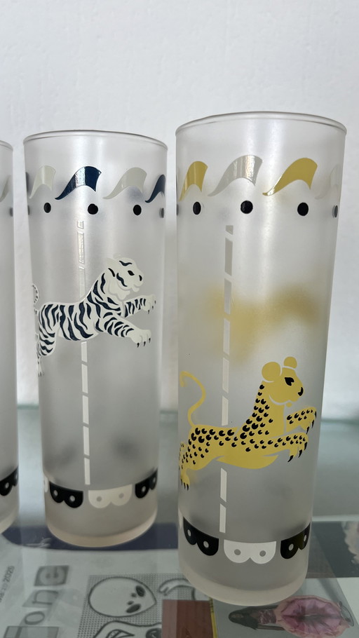Set of 4 Vintage Libbey Frosted Carousel / Cavalcade Collins Glasses – Mid-Century Modern, 1950s USA 