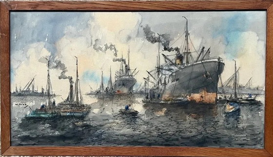 Painting painting "view of the port" – Paintings & Drawings, Paper, Vintage (photo 6 of 6)