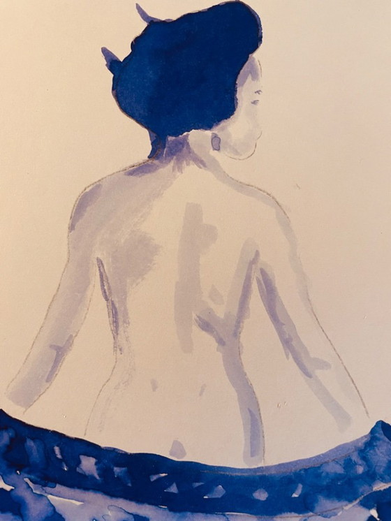 Image 1 of Monochrome Watercolor Indigo Blue Portrait of a Woman "Japan Denim"