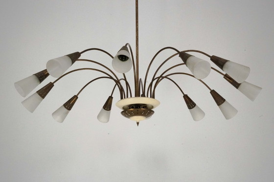 Image 1 of Large Italian Mid-Century Sputnik Brass Chandelier with Satin Glass, 1950s