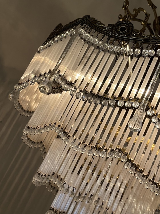 Vintage Bronze Art Nouveau Chandelier Opal Rods and Teardrop Pebbles – Crystal (photo 4 of 13)