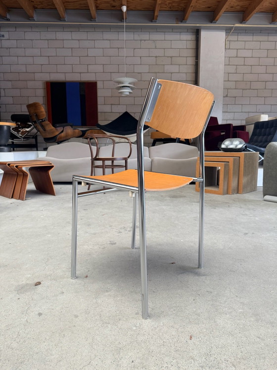 Chaise empilable vintage Gijs van der Sluis (stock: 13), Chaises de salle à manger, Bois, Chrome, Marron (photo 11 sur 15)