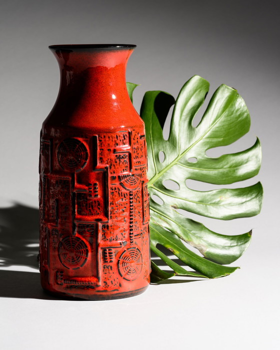 Image 1 of BAY Keramik Vase Model 954-30 West German Pottery Architectural Relief MCM WGP