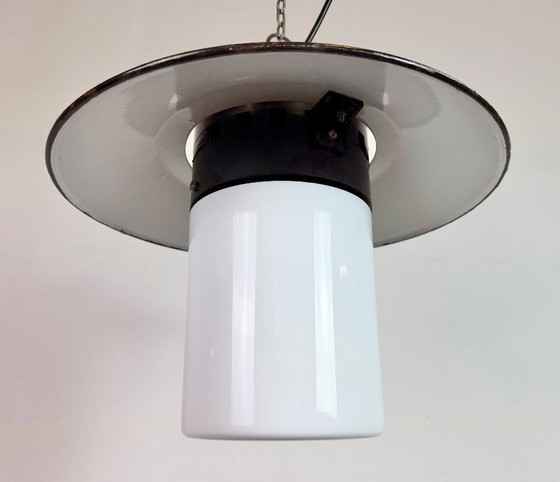 Image 1 of Industrial Grey Enamel Pendant Lamp with Milk Glass, 1960s