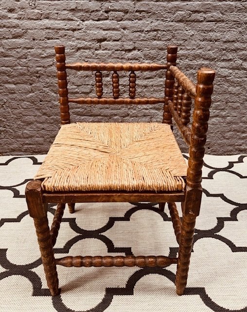 Vintage Brutalist Bobbin Oak Corner Chair With Braided Piping Seat