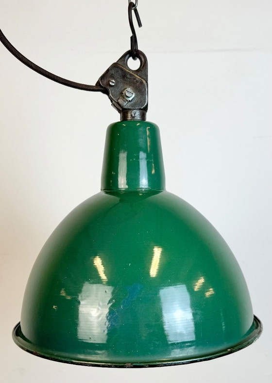 Image 1 of Industrial Green Enamel Factory Lamp with Cast Iron Top, 1960s