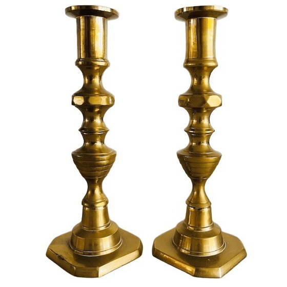 Image 1 of Set of antique English brass pusher candlesticks from the 1890s