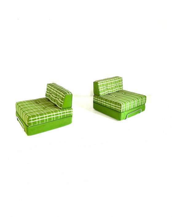 Set of 2 vintage convertible armchairs, Germany '80s, Chrome, Textile, Green (photo 2 of 14)