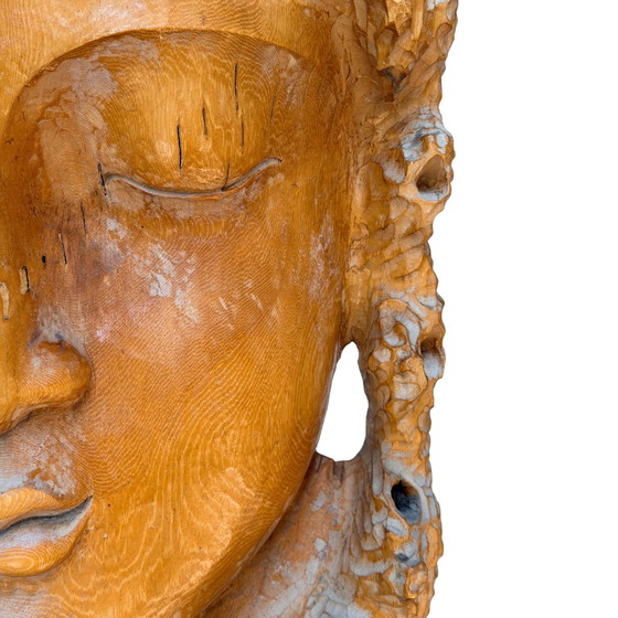 Monumentale Vintage Kwan Yin Muur Beeldhouwkunst – Brutalistisch Houtsnijwerk ca. 1970–1990 – 159 cm – Wood (photo 6 of 11)