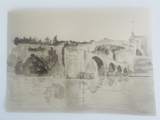 Watercolor signed in sepia monochrome Pont d'Avignon