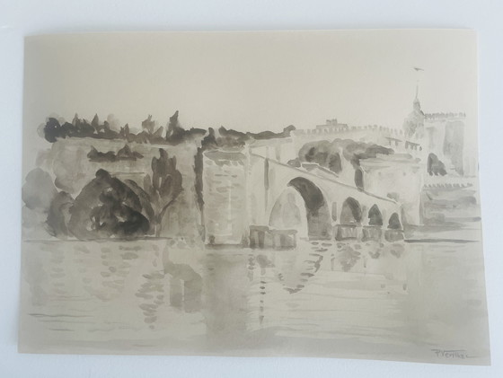 Image 1 of Signiertes Aquarell monochrom sepia Pont d'Avignon