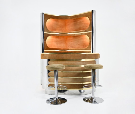 Image 1 of Set da bar con 2 sgabelli attribuito a Willy Rizzo, anni '70