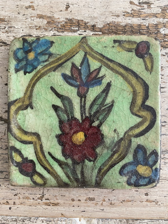 Image 1 of Persian Tiles Qajar Dynasty Floral Motif 10 Pieces