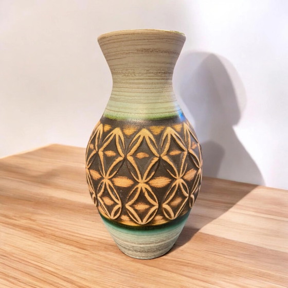 Scheurich Vase, hergestellt in Deutschland in den 1970er Jahren, Braun/Grün mit Rautenmuster, sehr guter (photo 2 of 6)