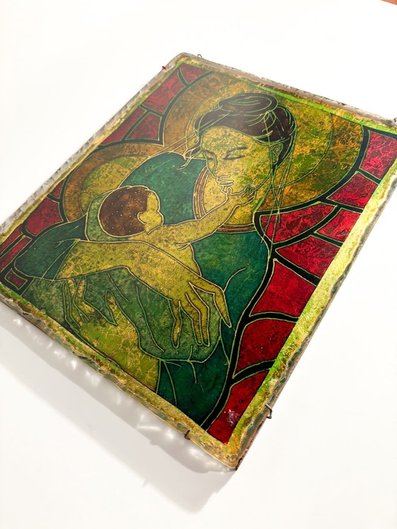 Panneau de verre sculpté représentant une maternité, par Erwin Walter Burger, années 1960 – Objets déco (photo 2 of 11)