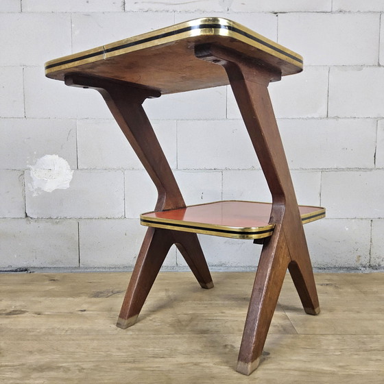 Image 1 of Vintage bijzettafel / plantentafel (Van Teeffelen stijl)  Formica / beukenhout (jaren 60 / 60s)