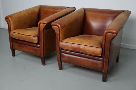 Image 1 of Vintage Nederlandse clubfauteuils van cognackleurig leer, set van 2
