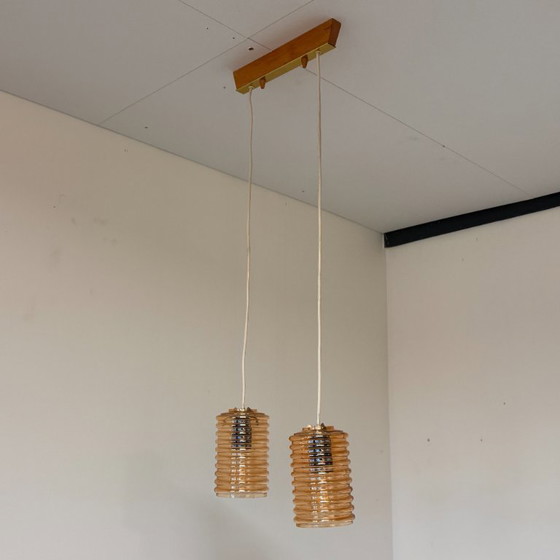 Image 1 of Vintage plafondlamp met twee amberkleurige kappen