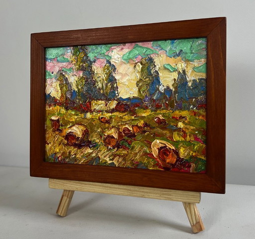 Original Oil Painting Summer Field Landscape Haystacks in the field