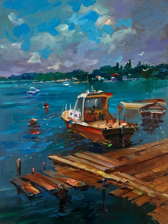 Image 1 of Original Oil Painting Summer Coastal Landscape Old wooden pier leading into the sea