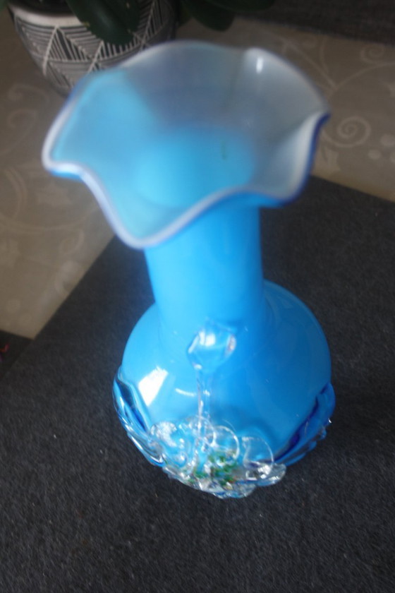 Image 1 of Blue hand-blown vase from Stevens & Williams with appliquéd flower