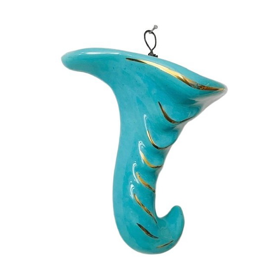 Image 1 of Vaso da parete vintage in ceramica di metà secolo, a forma di corno, turchese, anni '60