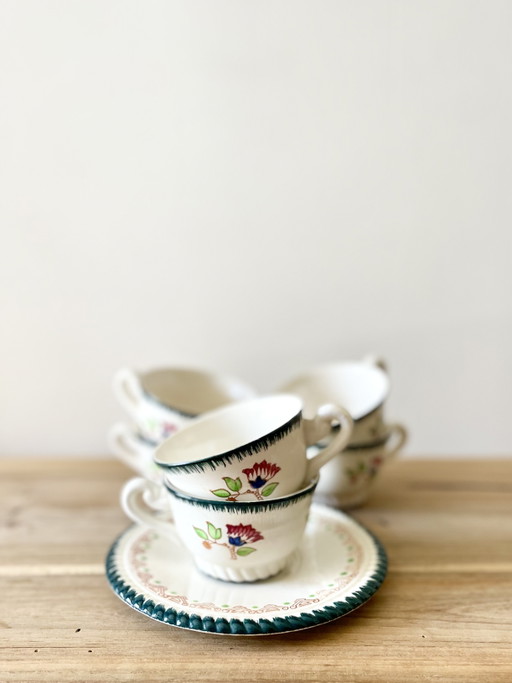 Vintage Longwy Cup Duo x2 · Hand Painted French Faience · Floral Motif · Green Border · Made in France · Mid-Century Pottery